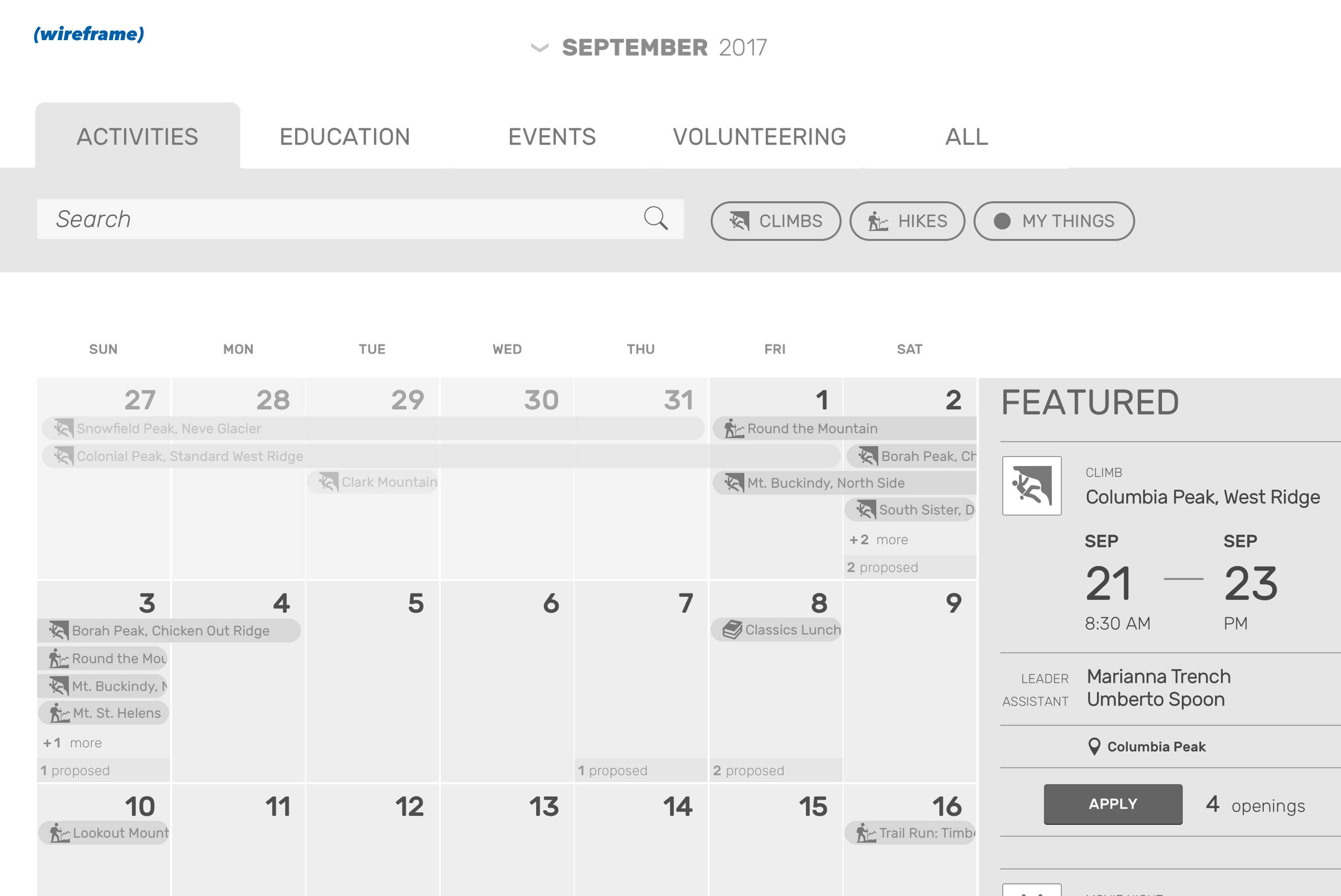 Wireframe: Mazamas calendar of activities