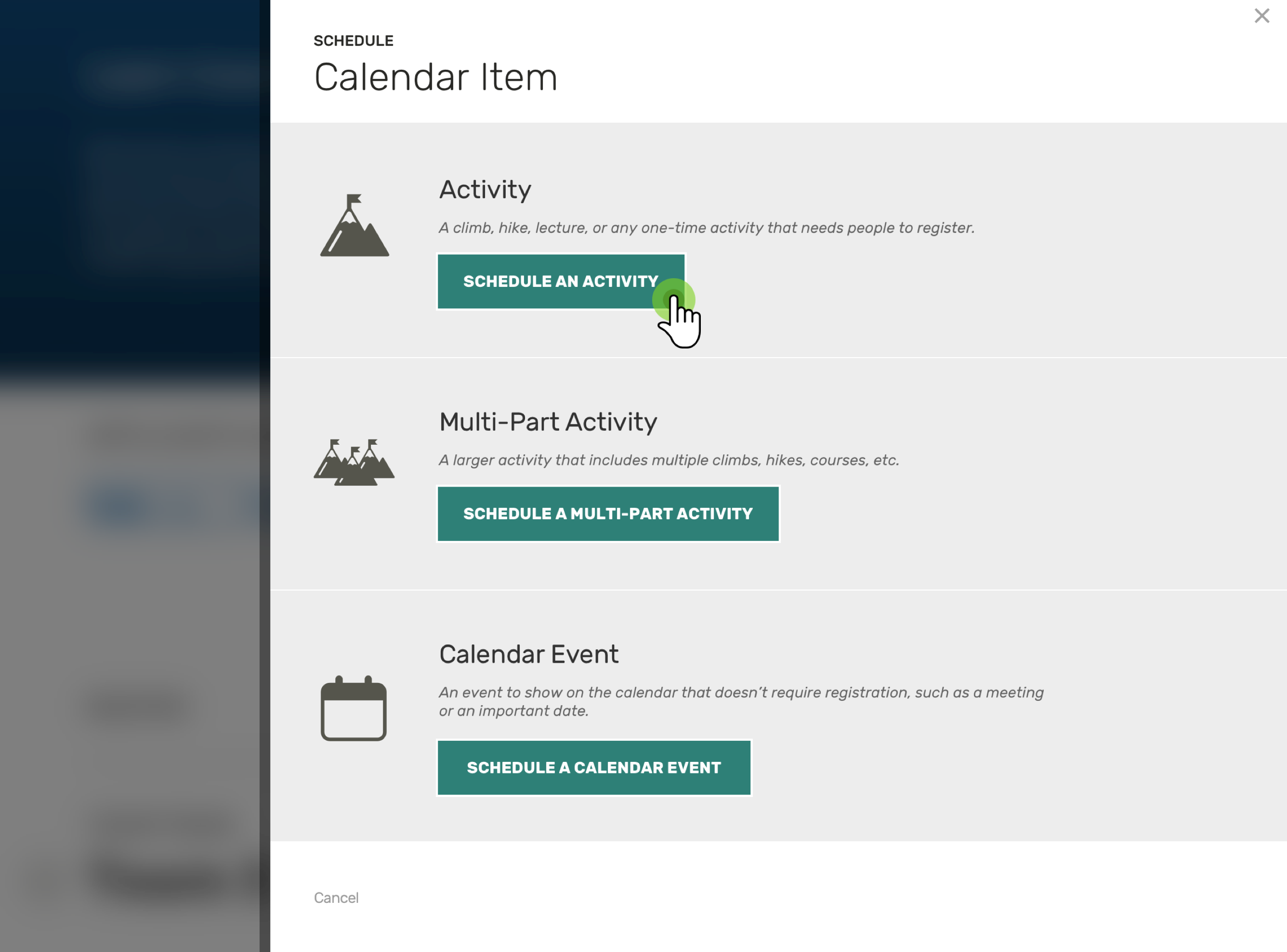 Screenshot: UI panel for scheduling a calendar item