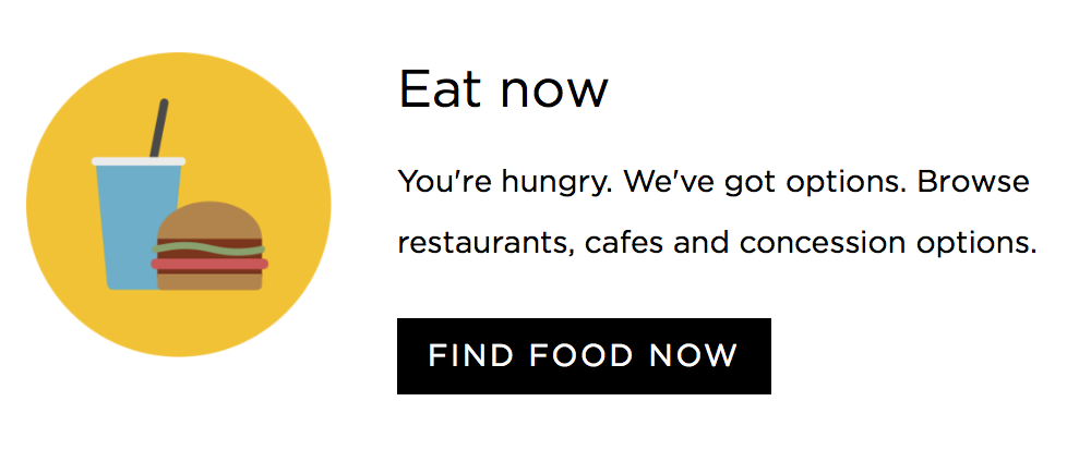 Screenshot: Call-to-action button inviting visitors to find food venues