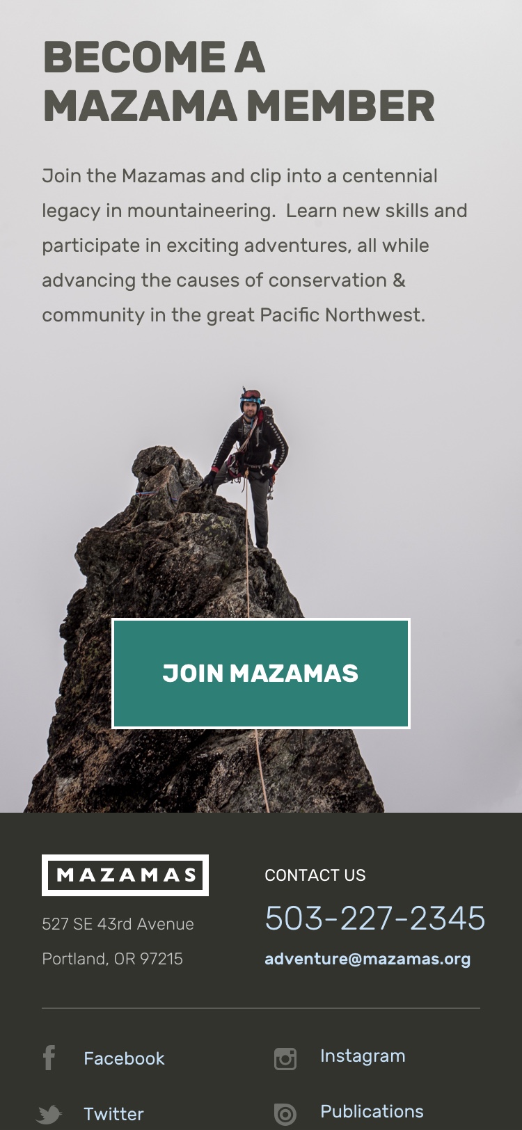 Screenshot: Mazamas Join Call-to-Action (mobile)