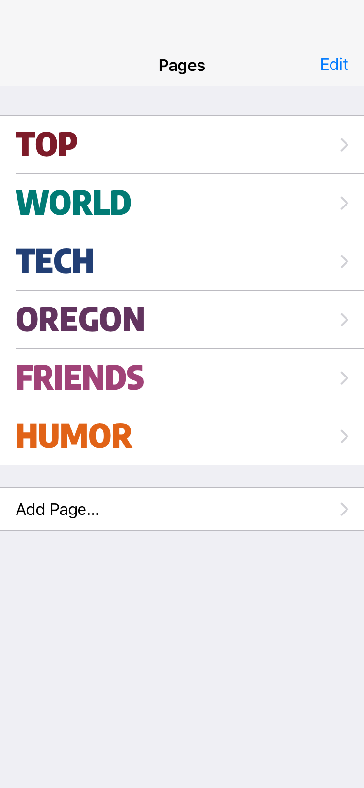 Screenshot: List of pages in news app
